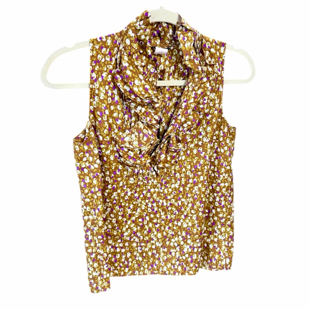 J Crew Ruffle Neck Floral Sleeveless Silk Blouse Sz XS